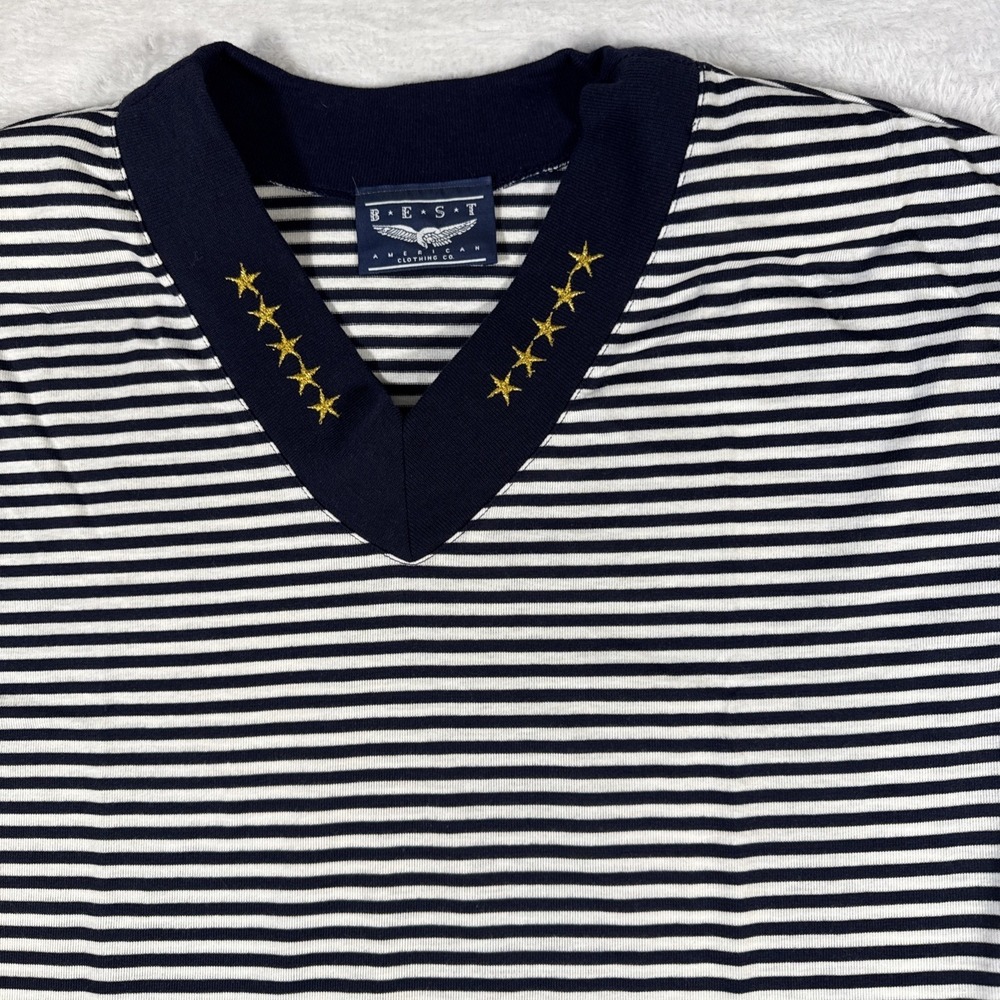 Best American Clothing M Navy V Neck Gold Embroidered 3/4 Sleeve Vintage USA EUC